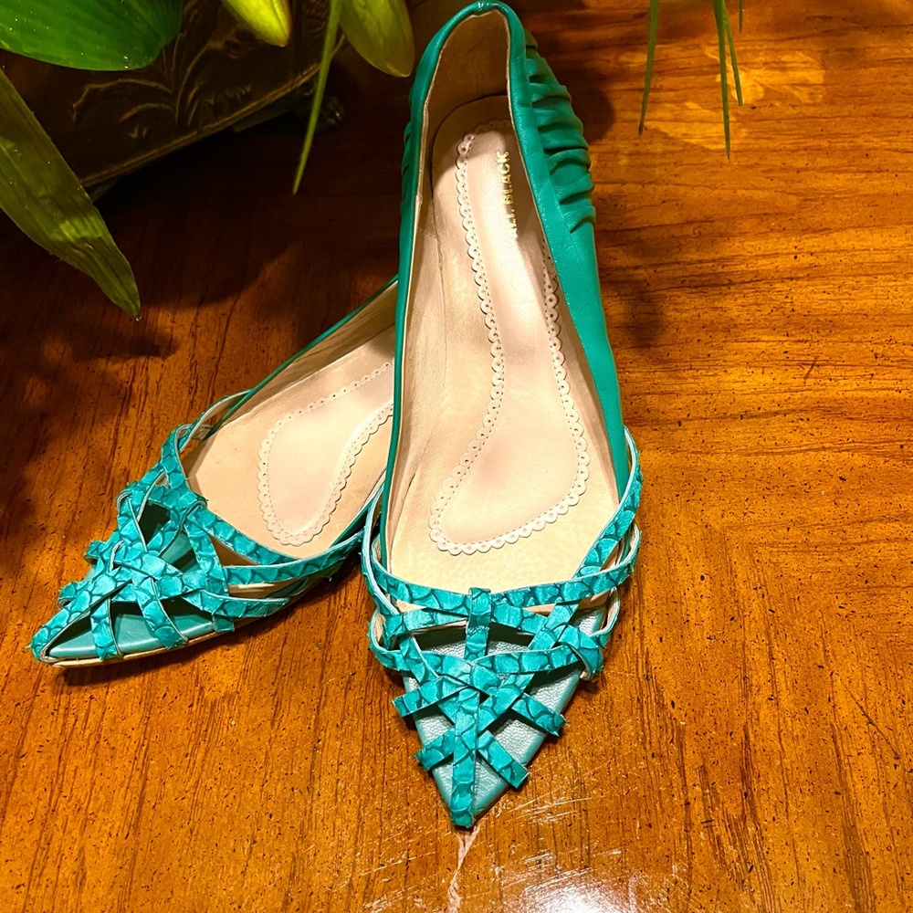 ALL BLACK Turquoise Leather Pointed Caged Toe Kitten Heels